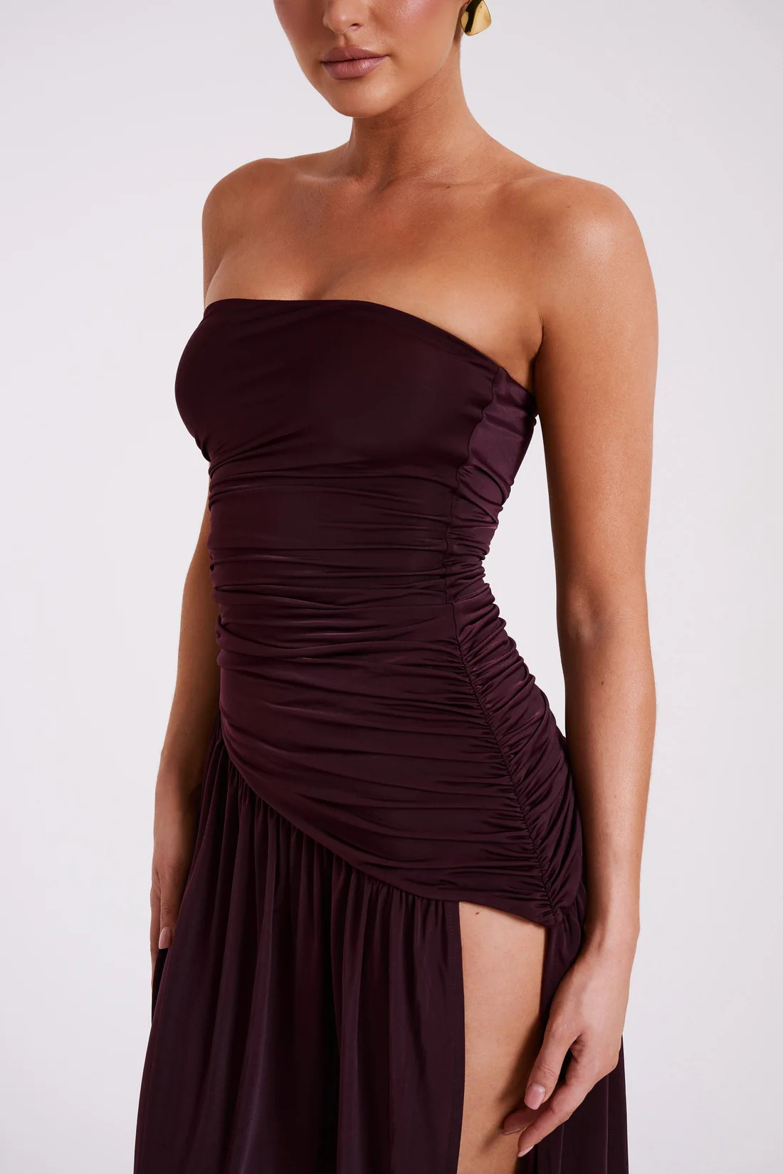 Strapless Ruched Diagonal Seam High Slit Maxi Dress