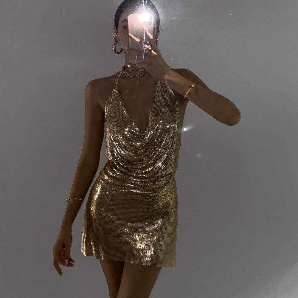 Halter Neck Chainmail Fringe Trim Mini Dress