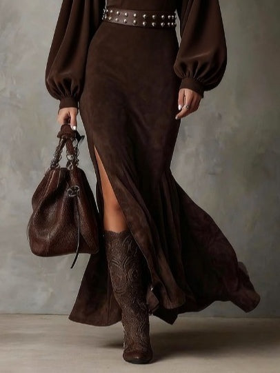 Lantern Sleeve Zip Neck Midi Dress