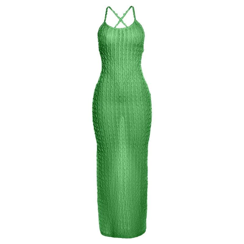 Scoop Neck Cross Back Self Tie Textured Maxi Dress