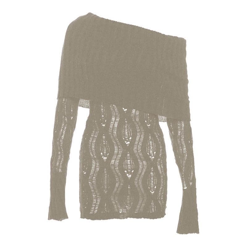 Off Shoulder Ribbed Collar Distressed Open Knit Long Sleeve Mini Dress