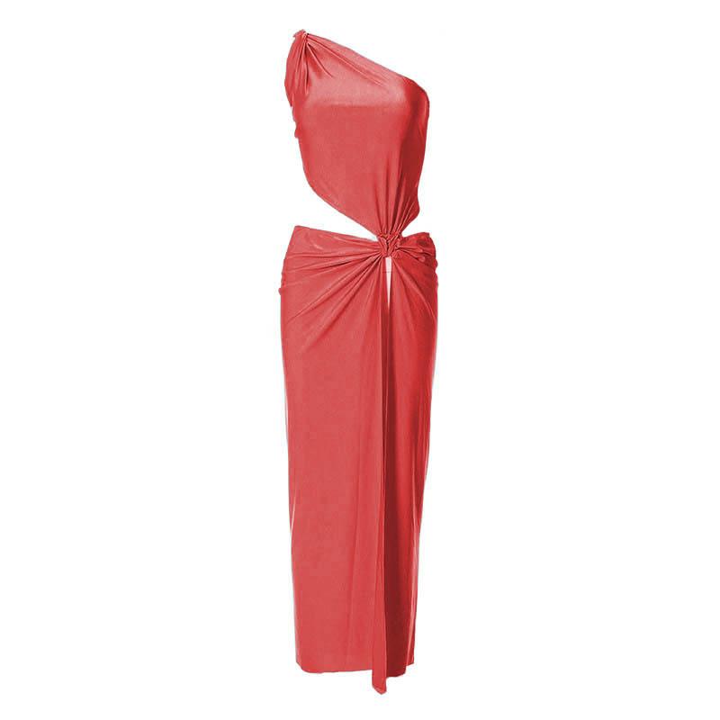 One Shoulder Knotted Waist Side Cutout Ruched High Slit Floor Length Maxi Dress