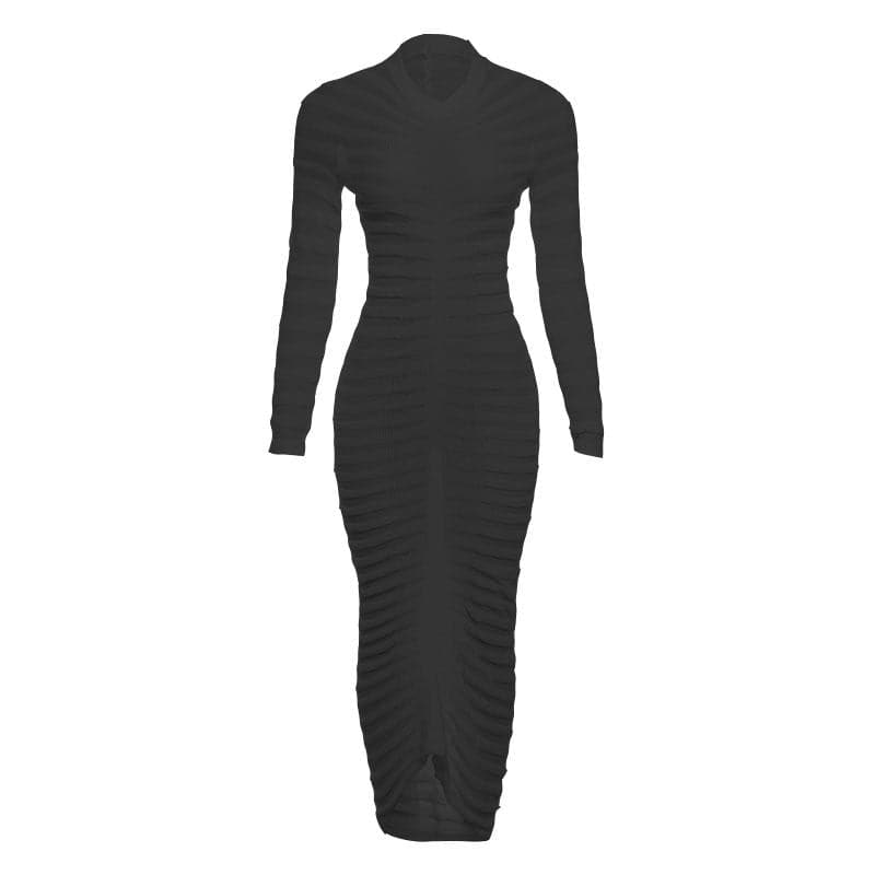 Mock Neck Long Sleeve Horizontal Ruched Rib Knit Bodycon Midi Dress