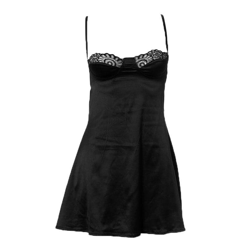 Sweetheart Lace Trim Satin Spaghetti Strap Slip Mini Dress