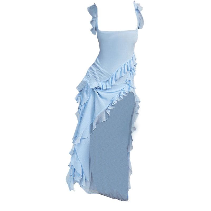 Square Neck Ruffle Strap Ruched High Slit Asymmetrical Ruffle Trim Maxi Dress