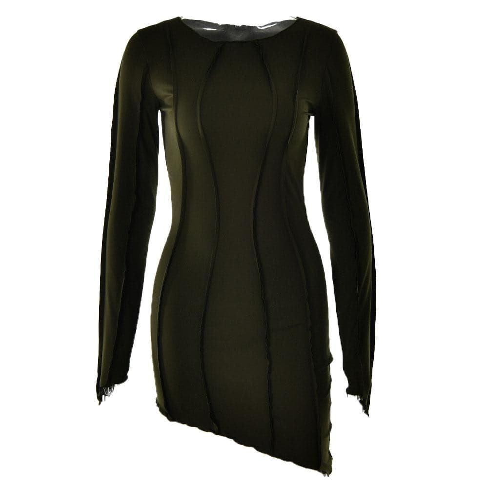Crew Neck Exposed Wavy Seam Raw Edge Asymmetrical Hem Bodycon Mini Dress