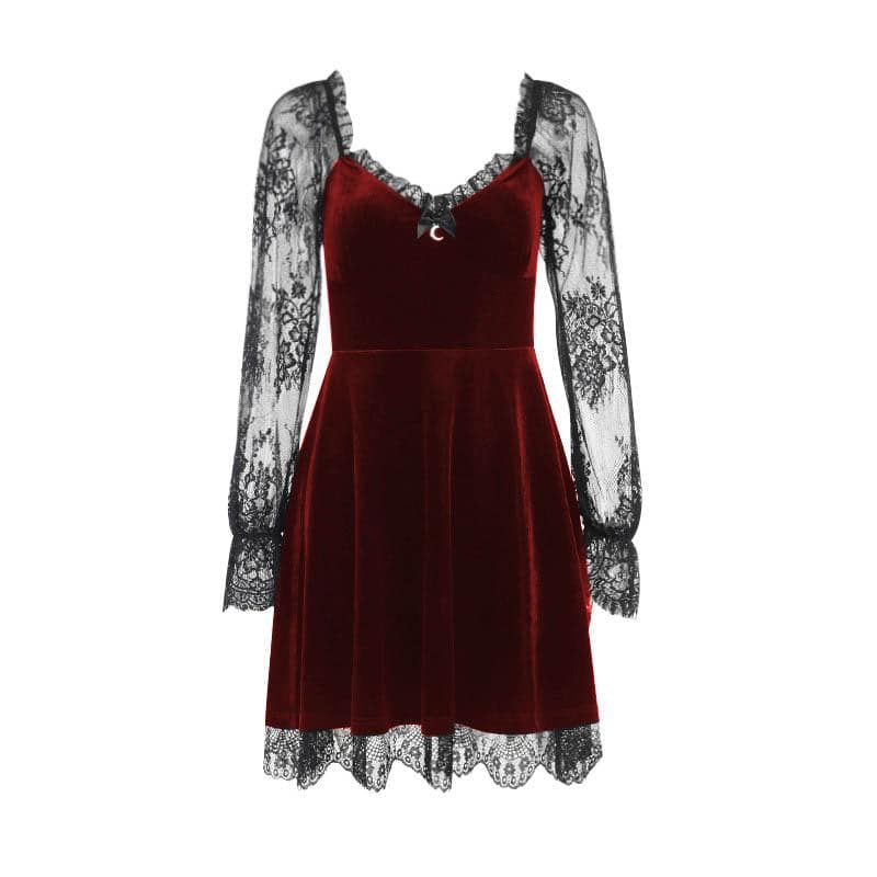 Sweetheart Velvet Bodice Lace Puff Sleeve Ruffle Hem Mini Dress