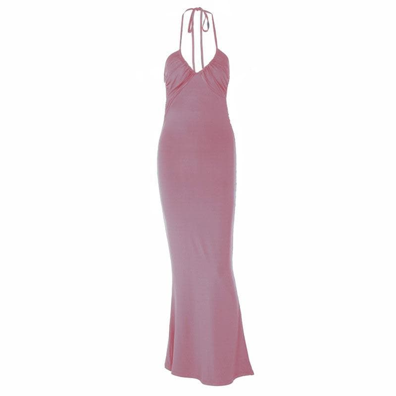 Halter Tie Back Ruched Bust V-Neck Mermaid Maxi Dress