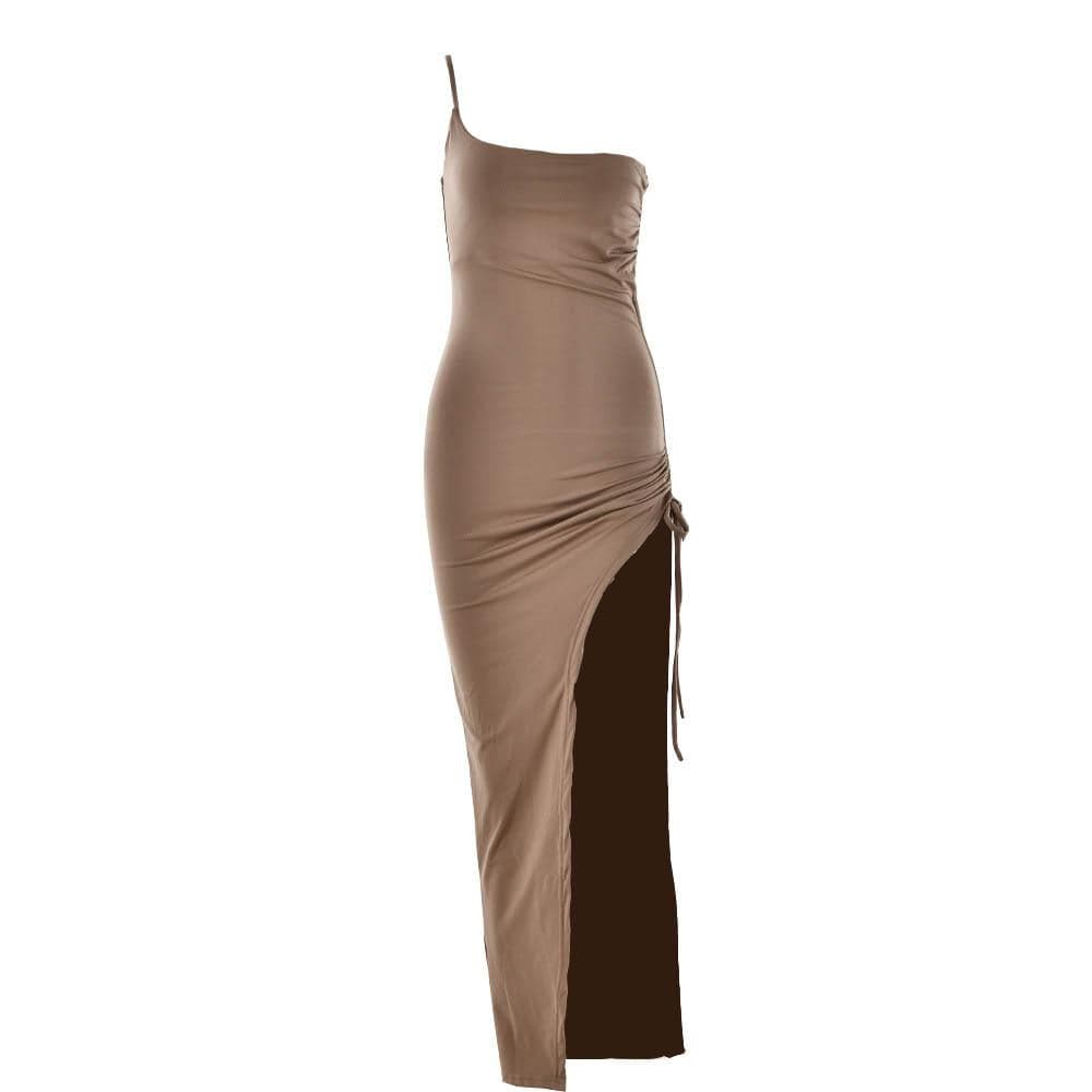 One Shoulder Side Ruched Drawstring High Slit Maxi Dress