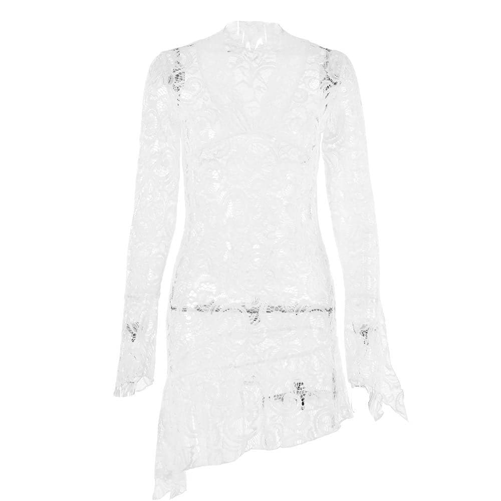 Floral Lace Bell Sleeve Handkerchief Hem V-Neck Mini Dress
