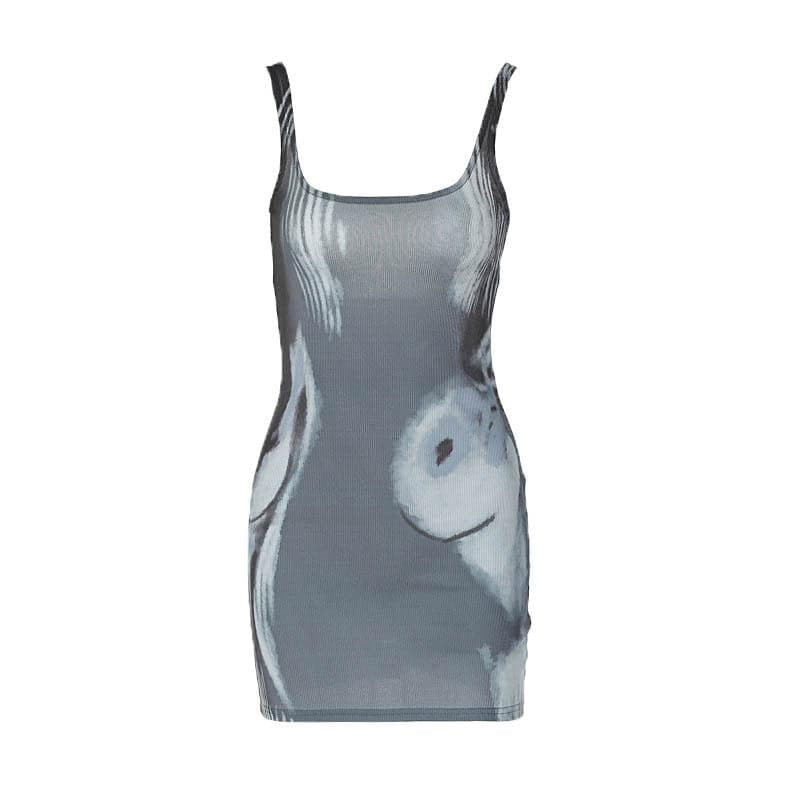 Scoop Neck Spaghetti Strap Trompe Loeil Body Print Bodycon Mini Dress