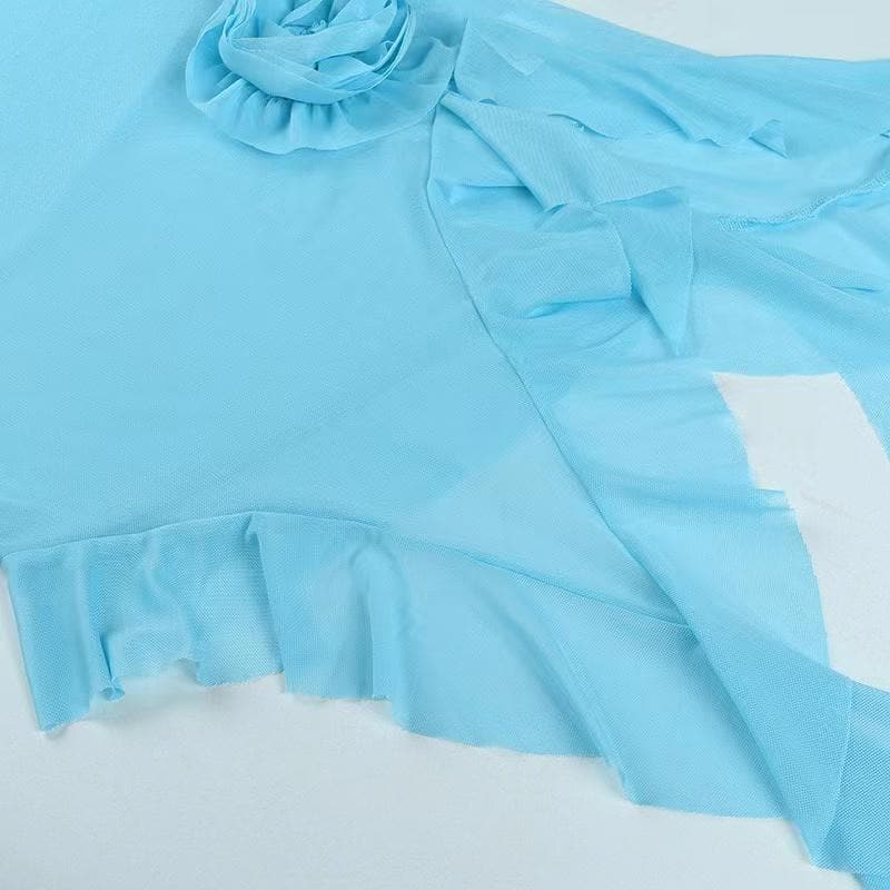Strapless Sheer Mesh Flower Applique Ruffle Midi Dress