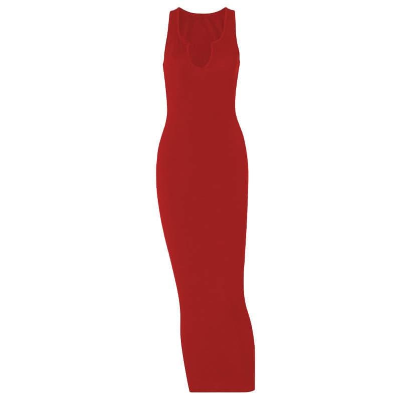 Notch Neck Sleeveless Ribbed Knit Bodycon Maxi Dress