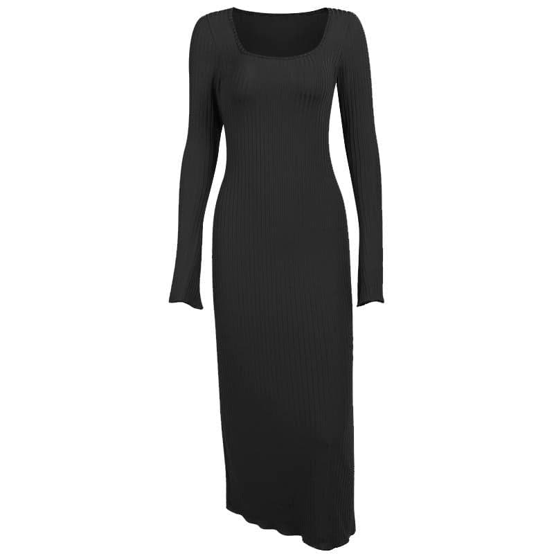Square Neck Ribbed Knit Flared Sleeve Ruffle Mini Dress