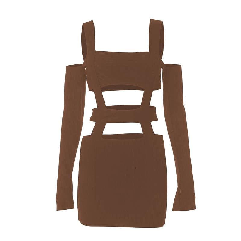 Square Neck Cutout Rib Knit Long Sleeve Mini Dress
