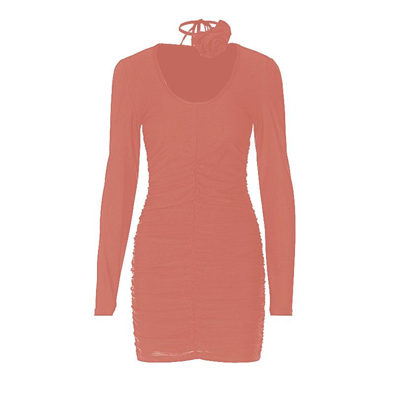 Ruched Long Sleeve Flower Applique U Neck Mini Dress