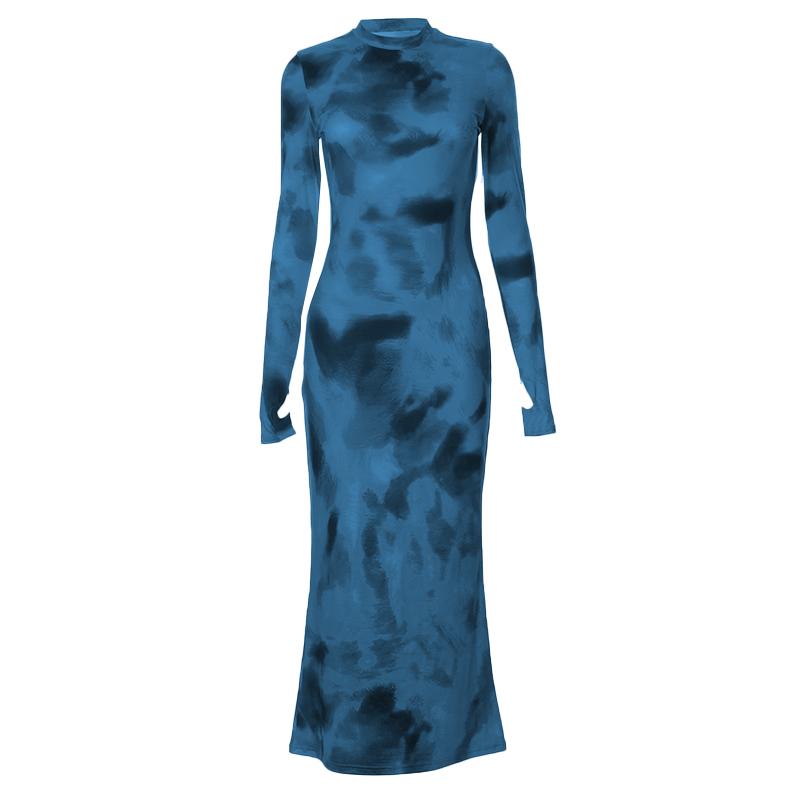 Tie Dye Print Mock Neck Thumbhole Long Sleeve Bodycon Maxi Dress