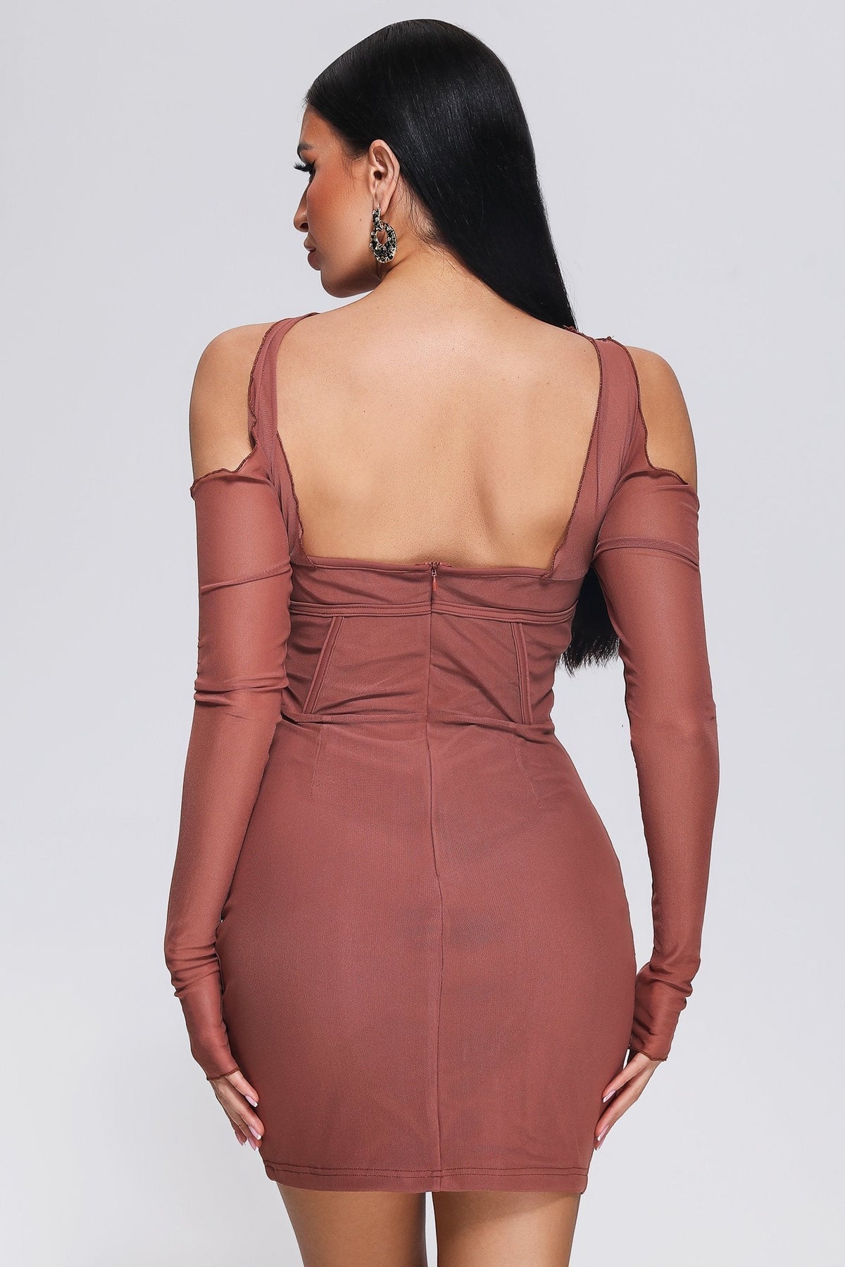 Hook And Eye Corset Cup Off Shoulder Mesh Long Sleeve Mini Dress