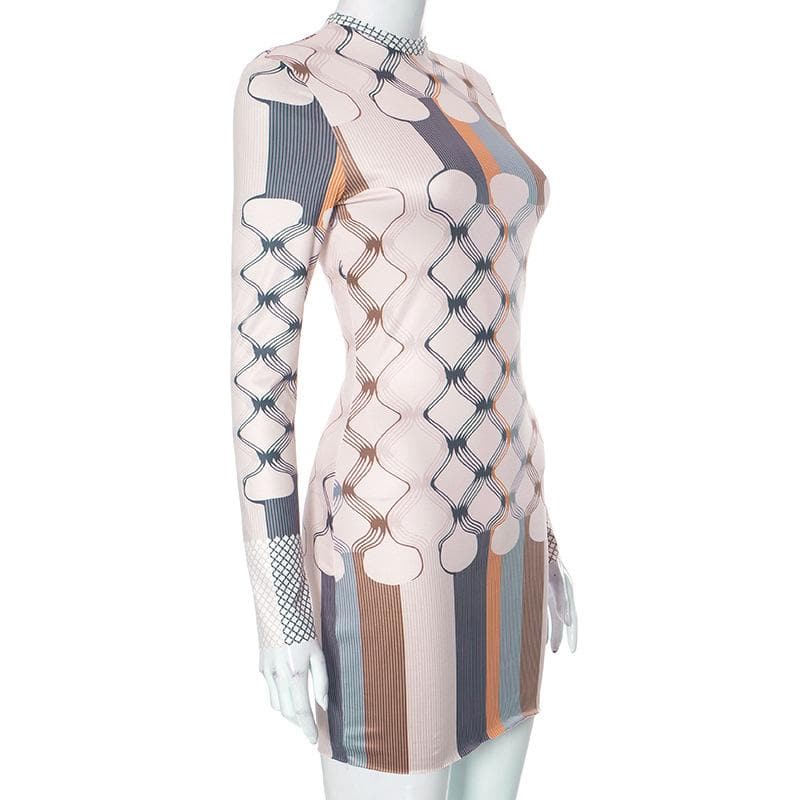 Mock Neck Long Sleeve Geometric Print Bodycon Mini Dress