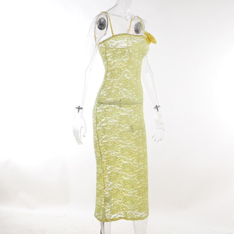 Floral Lace Rosette Applique Spaghetti Strap Bodycon Midi Dress
