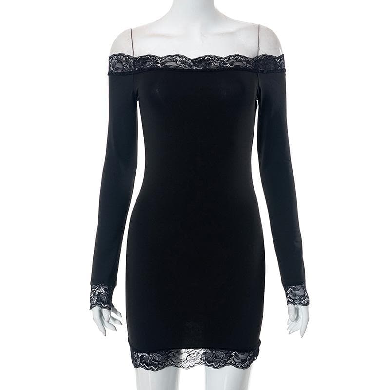 Off Shoulder Lace Trim Long Sleeve Bodycon Mini Dress