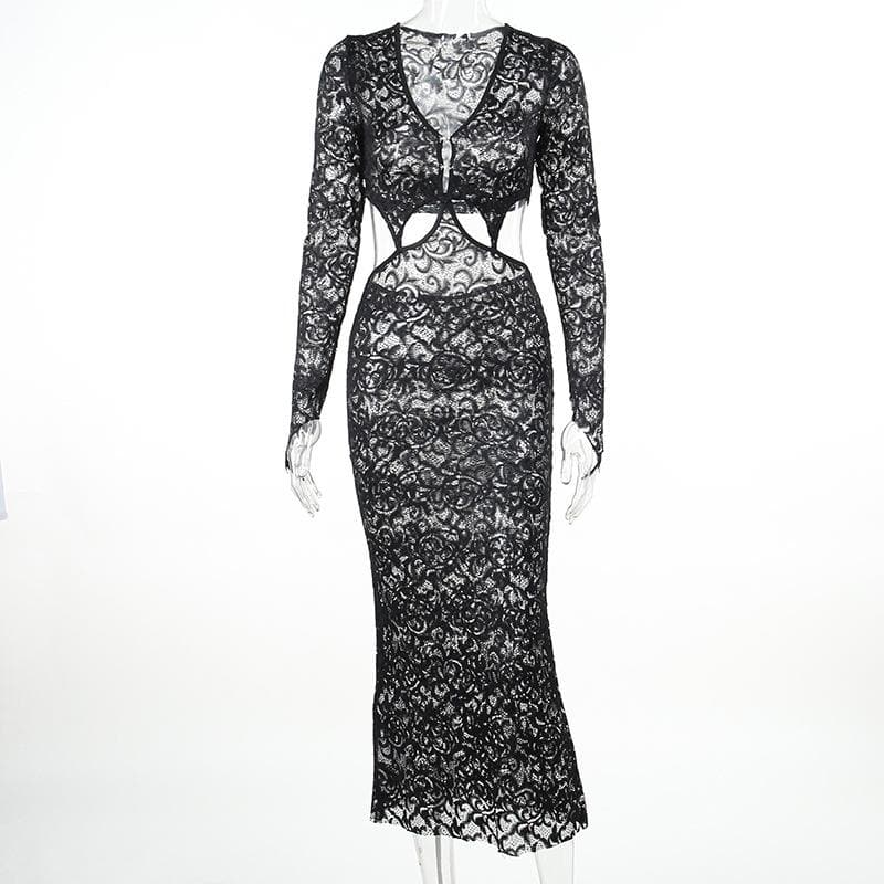 Deep V Neck Lace Long Sleeve Waist Cutout Floor Length Maxi Dress