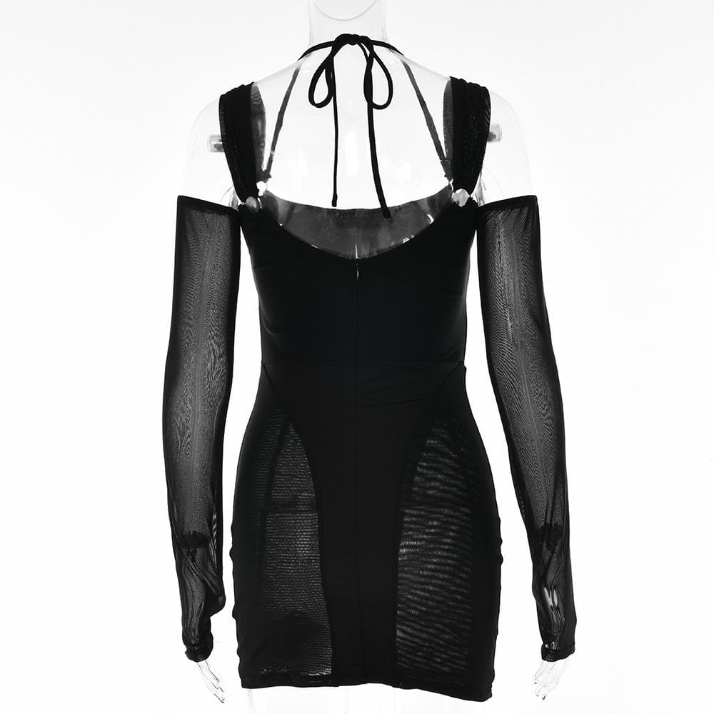 Mesh Corset Off-Shoulder Hollow Cutout Gauntlet Sleeve Halter Mini Dress