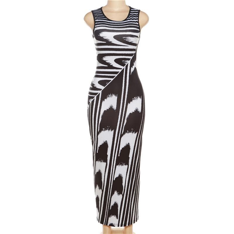 Abstract Graphic Stripe Boat Neck Sleeveless Bodycon Maxi Dress