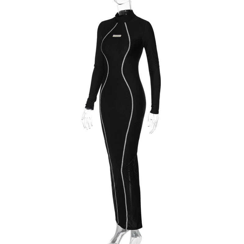 High Neck Long Sleeve Contrast Contour Piping Bodycon Maxi Dress