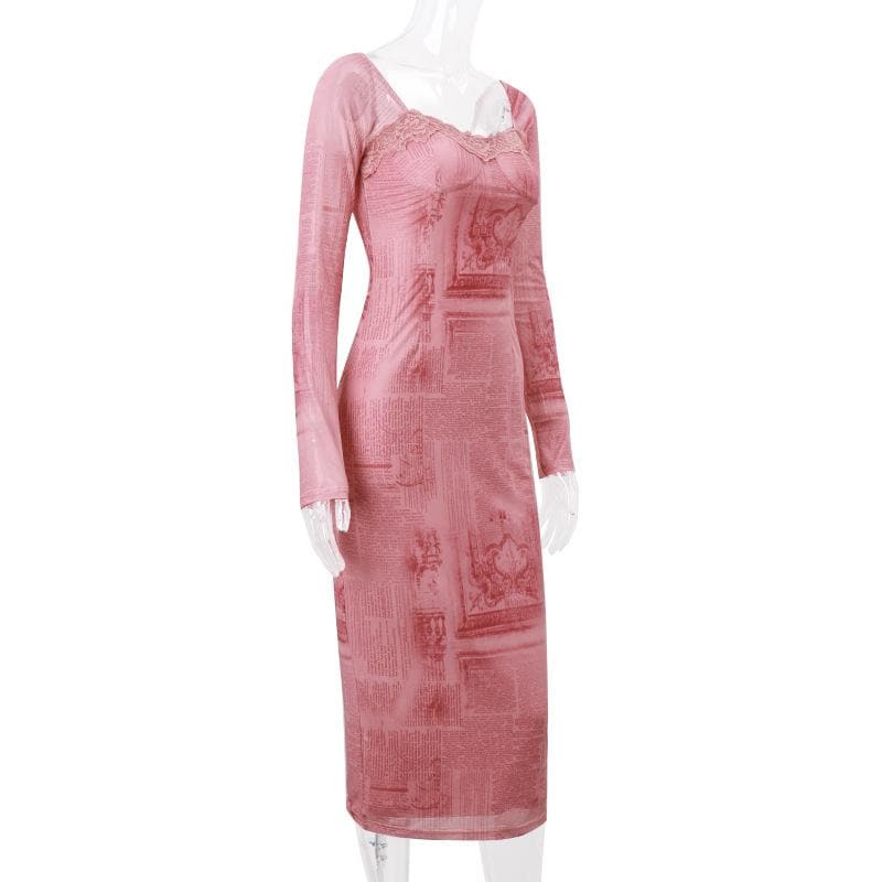 Newspaper Print Square Neck Lace Trim Bodycon Midi Dress