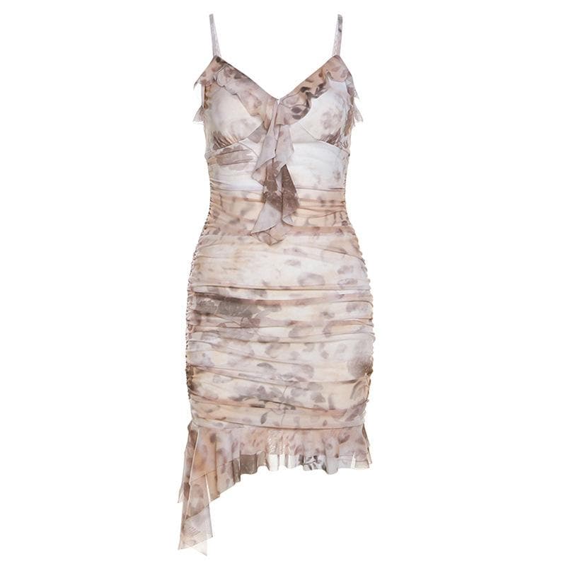 Ruched V-Neck Ruffle Trim Floral Abstract Spotted Cami Mini Dress