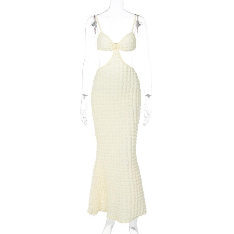 Spaghetti Strap Popcorn Knit Waist Cutout Backless Maxi Dress