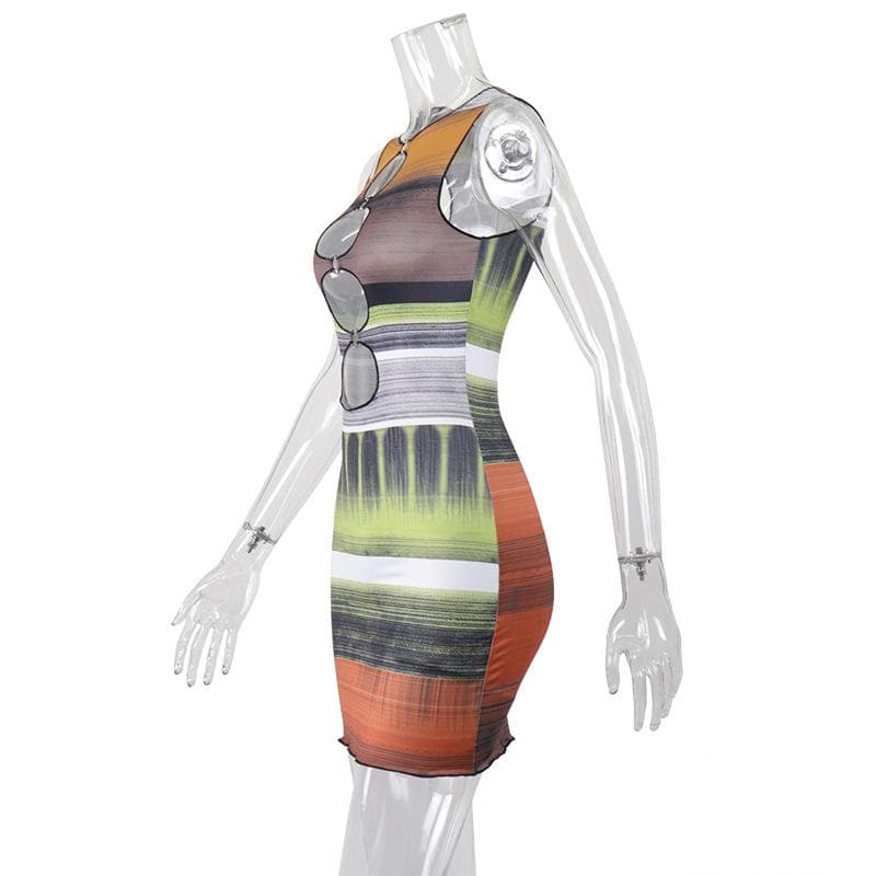 Contrast Print O-Ring Cutout Ruffle Round Neck Sleeveless Mini Dress