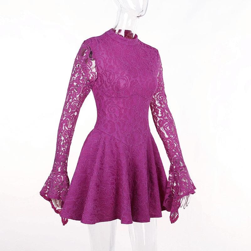 Mock Neck Long Sleeve Lace Corset Bodice Ruffle Skater Mini Dress