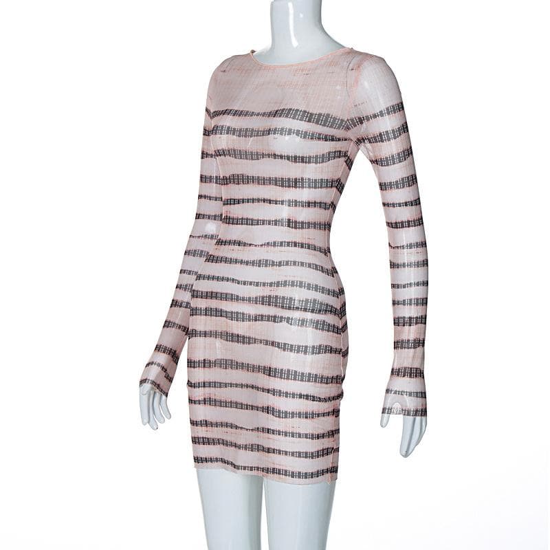 Striped Sheer Mesh Crew Neck Long Sleeve Bodycon Mini Dress