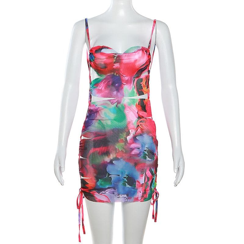 Floral Print Drawstring Waist Cutout Cami Mini Dress