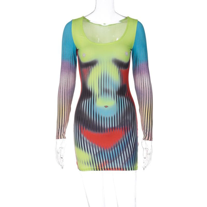 Long Sleeve Scoop Neck Trompe L'Oeil Body Print Bodycon Mini Dress