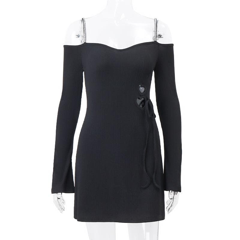 Ribbed Knit Off Shoulder Heart Cutout Lace Up Long Sleeve Mini Dress