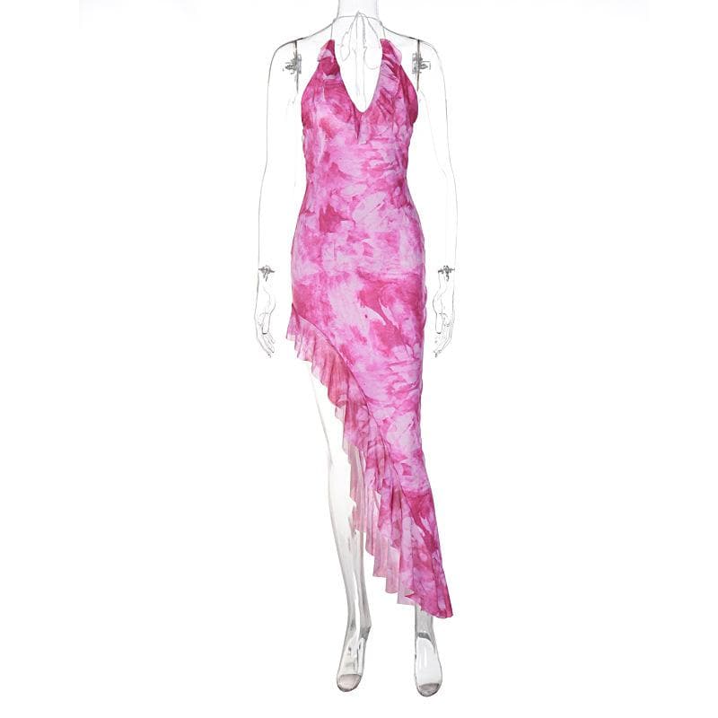Tie Dye Print Halter Ruffle Trim Asymmetrical High Low Maxi Dress