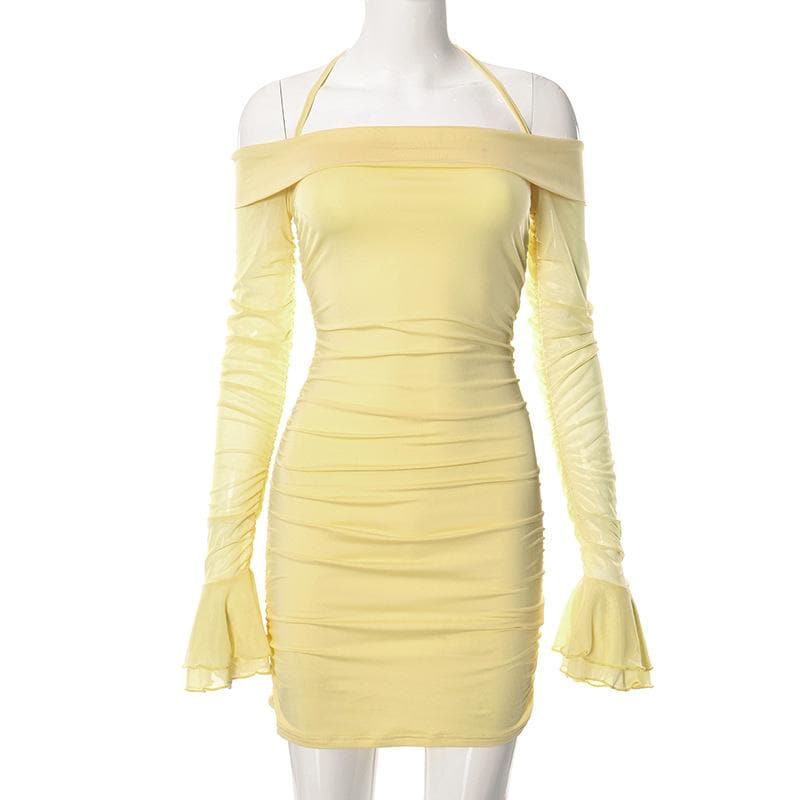 Off Shoulder Halter Mesh Ruched Long Flared Sleeve Mini Dress