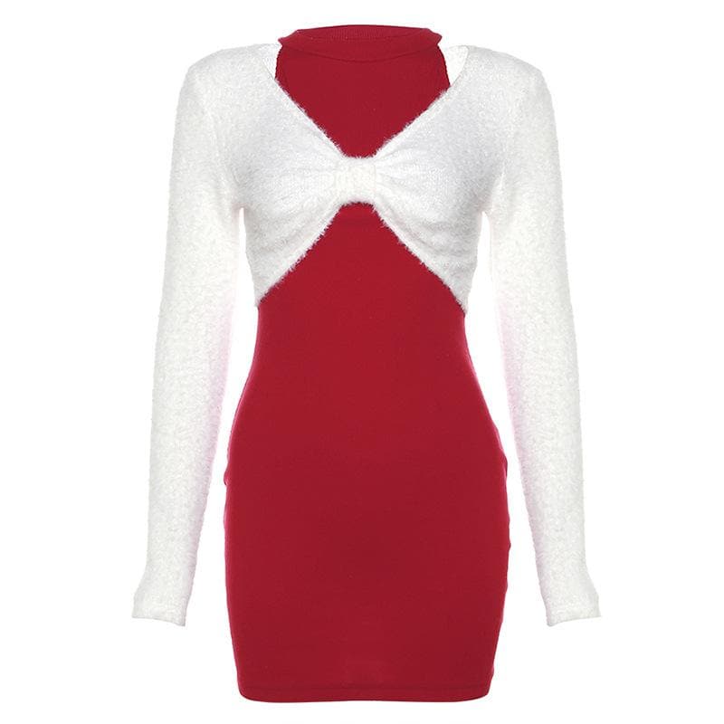 Fuzzy Bow Front Cropped Shrug High Neck Bodycon Mini Dress Set