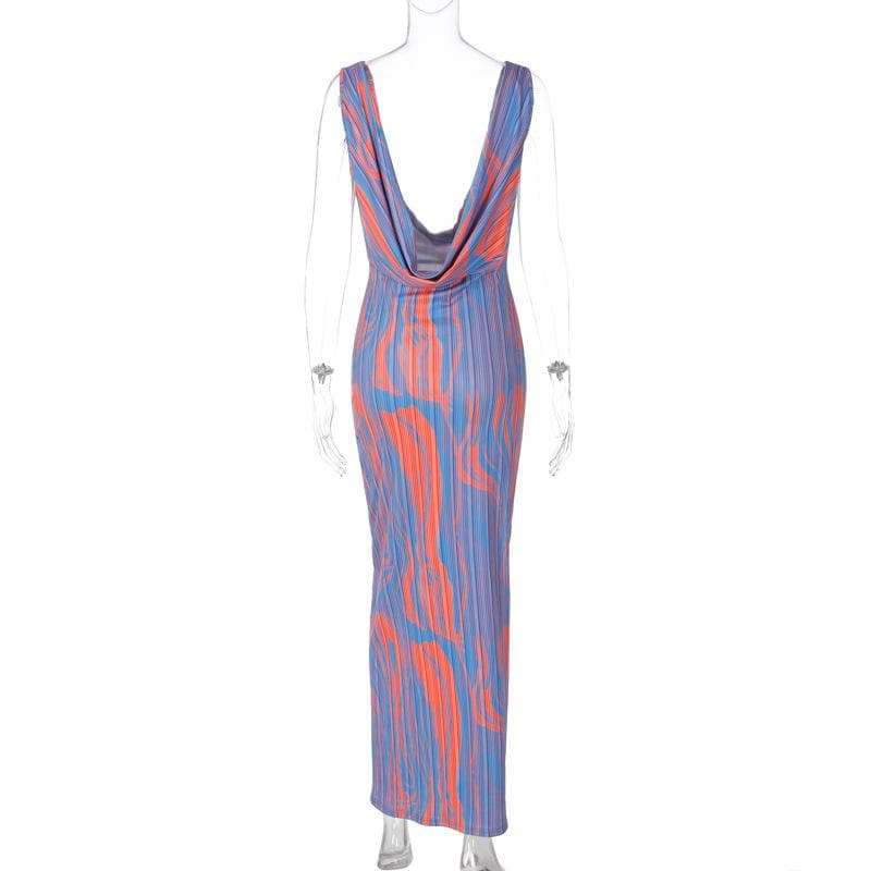 Spaghetti Strap Cowl Neck Abstract Marbled Print Bodycon Maxi Dress
