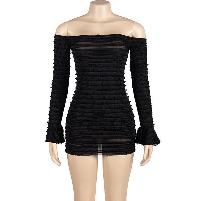 Off-Shoulder Tiered Ruffle Mesh Long Sleeve Bodycon Mini Dress