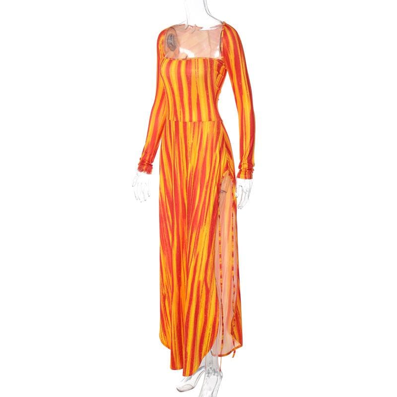 Wavy Stripe Panel Detail Square Neck Long Sleeve Maxi Dress