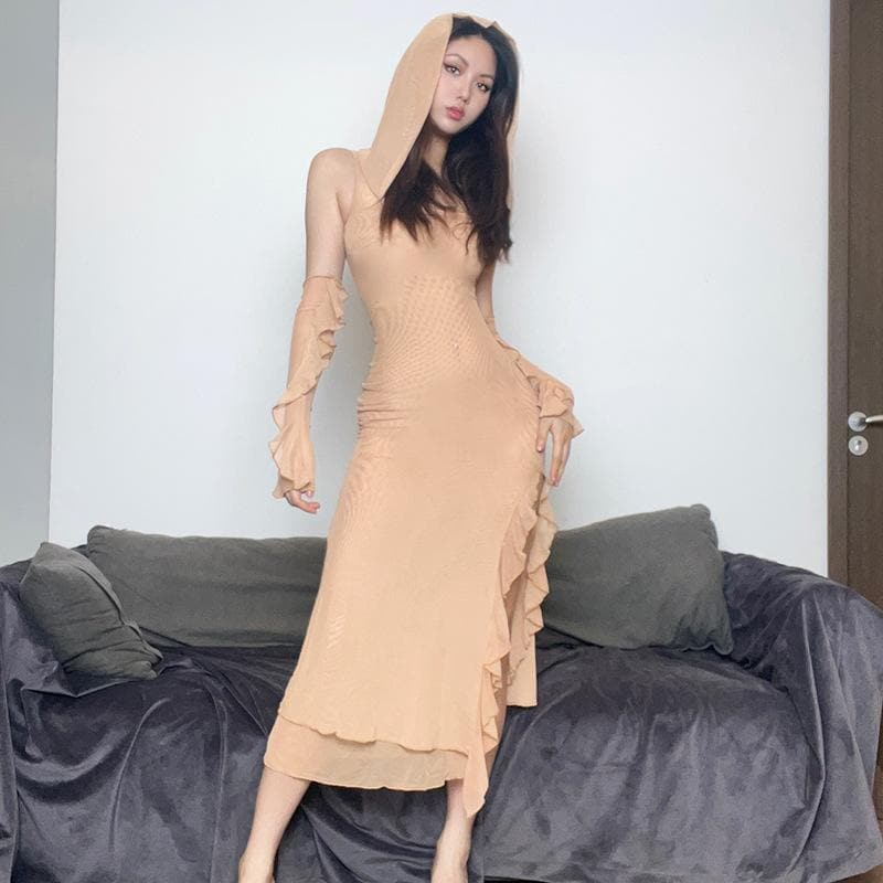 Cowl Neck Sheer Mesh Ruffle Gloves High Slit Maxi Dress