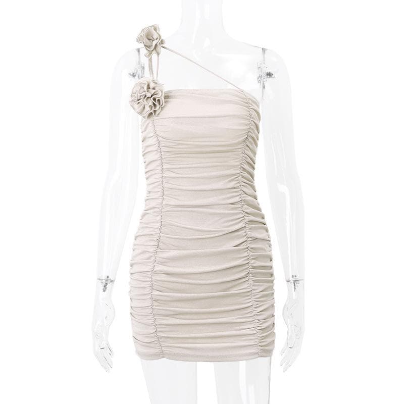 Flower Applique One Shoulder Irregular Ruched Mini Dress