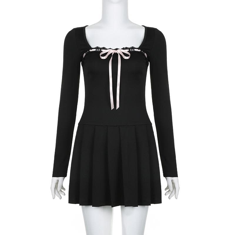 Square Neck Lace Trim Ribbon Bow Pleated Skirt Long Sleeve Mini Dress