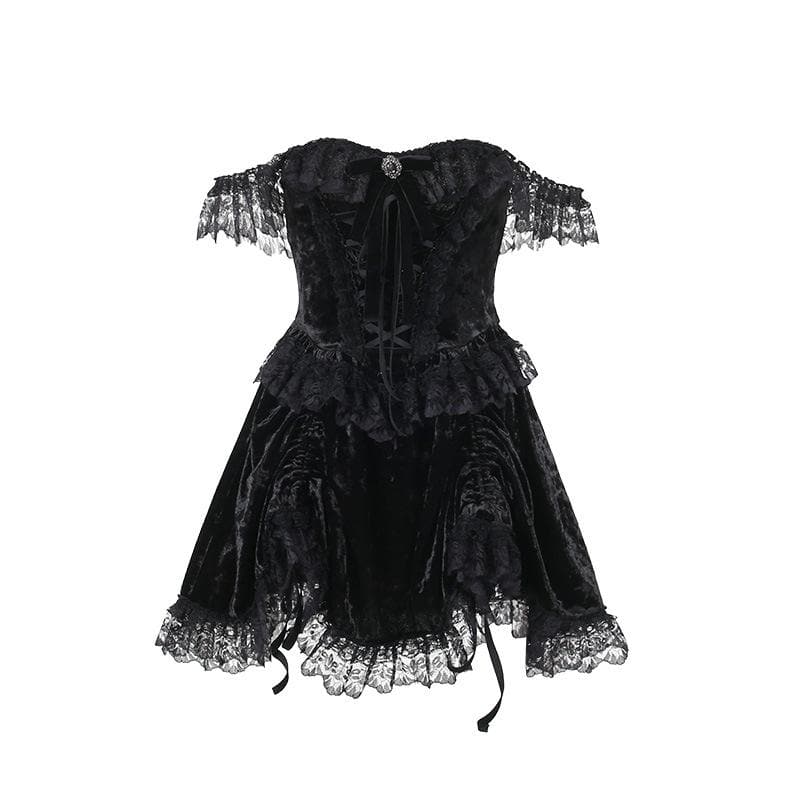 Sleeveless Velvet Lace Hem Ruffle Lace-Up Mini Dress
