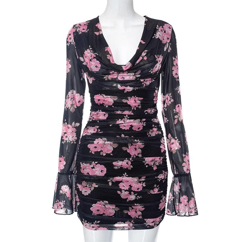 Cowl Neck Floral Mesh Long Sleeve Bell Cuff Ruched Bodycon Mini Dress