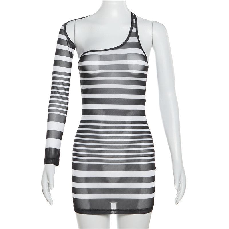 One-Shoulder Long Sleeve Choker Cutout Striped Sheer Mesh Bodycon Mini Dress